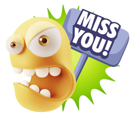 3d Rendering Angry Character Emoji saying Miss You with Colorful