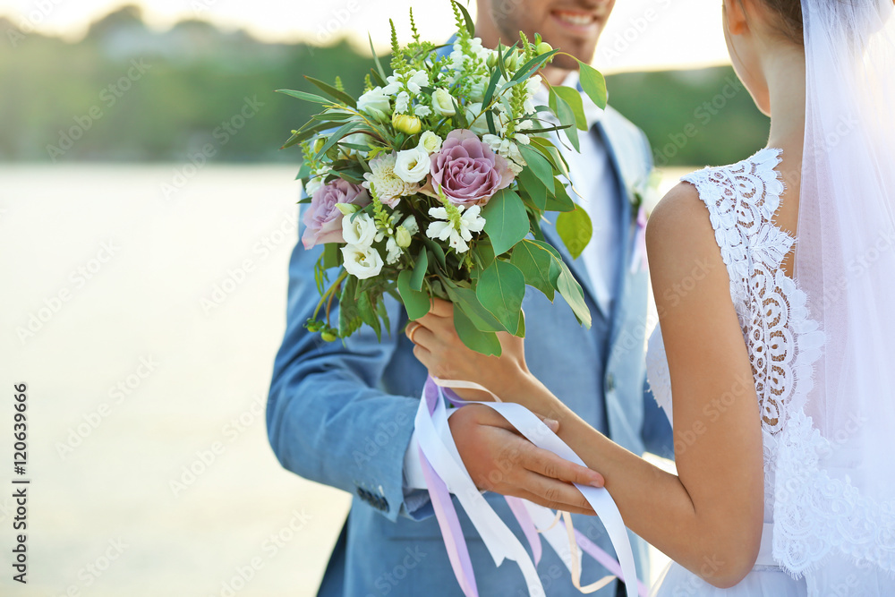 Sticker happy wedding couple on river background