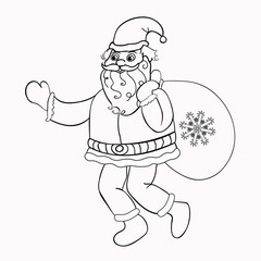 Coloring Santa Claus with a bag of gifts.  illustration