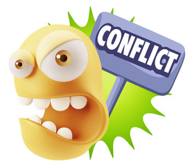 3d Rendering Angry Character Emoji saying Conflict with Colorful