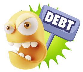 3d Rendering Angry Character Emoji saying Debt with Colorful Spe