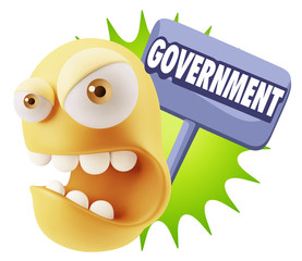 3d Rendering Angry Character Emoji saying Government with Colorf