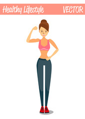 Brunette Healthy Skinny Girl Cartoon Character Illustration Showing Off Her Muscles, Being Skinny, Healthy and Wearing Sportswear: Sports Bra and Leggings