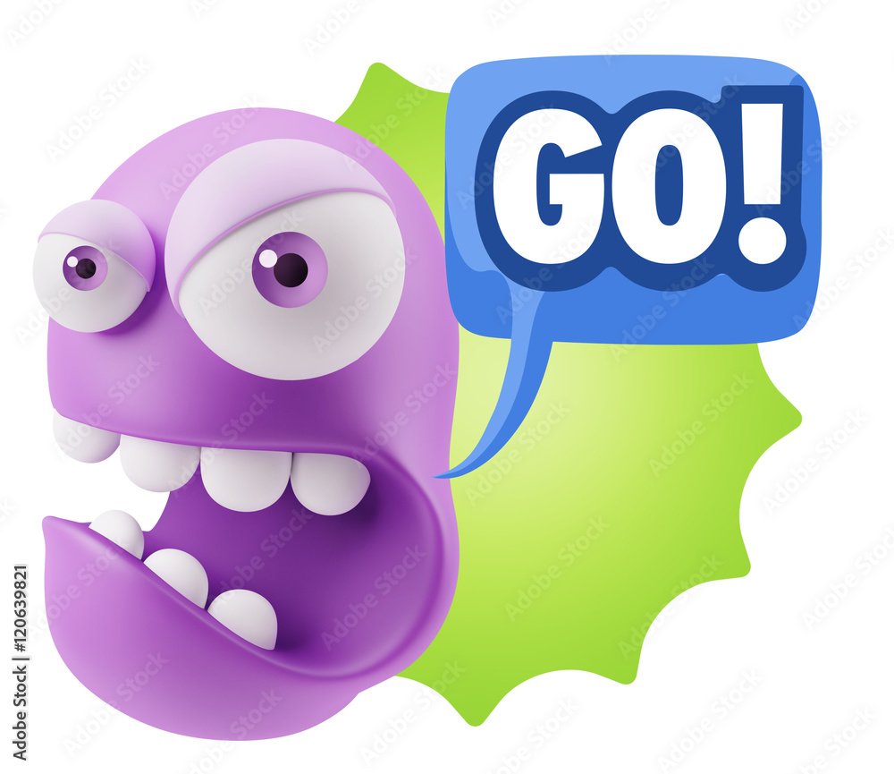 Poster 3d rendering angry character emoji saying go with colorful speec