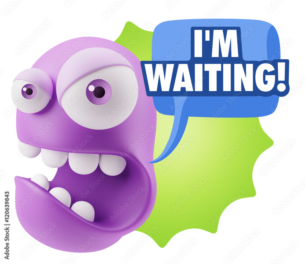 Poster 3d rendering angry character emoji saying i'm waiting with color