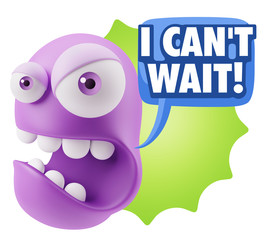 3d Rendering Angry Character Emoji saying I Can't Wait with Colo