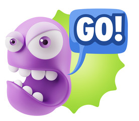 3d Rendering Angry Character Emoji saying Go with Colorful Speec