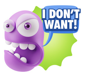 3d Rendering Angry Character Emoji saying I Don't Want with Colo