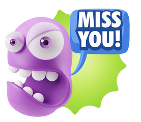 3d Rendering Angry Character Emoji saying Miss You with Colorful