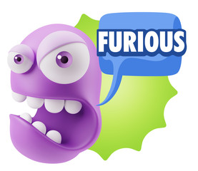 3d Rendering Angry Character Emoji saying Furious with Colorful