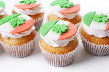 Tasty cupcakes, closeup. Saint Patrics Day concept