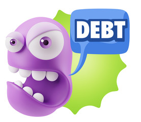 3d Rendering Angry Character Emoji saying Debt with Colorful Spe