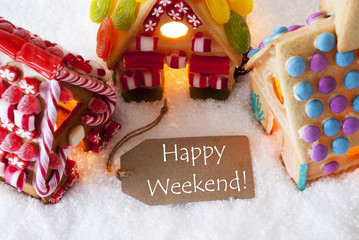Colorful Gingerbread House, Snow, Text Happy Weekend
