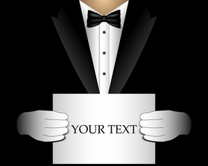 Vector waiter in a tuxedo with a blank template for invitation, offer, billboard.