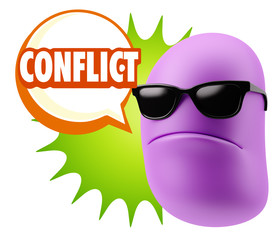 3d Rendering Angry Character Emoji saying Conflict with Colorful