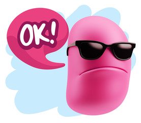 3d Rendering Angry Character Emoji saying OK with Colorful Speec