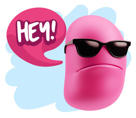 3d Rendering Angry Character Emoji saying Hey with Colorful Spee