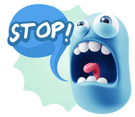 3d Rendering Angry Character Emoji saying Stop with Colorful Spe