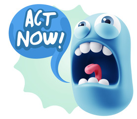 3d Rendering Angry Character Emoji saying Act Now with Colorful