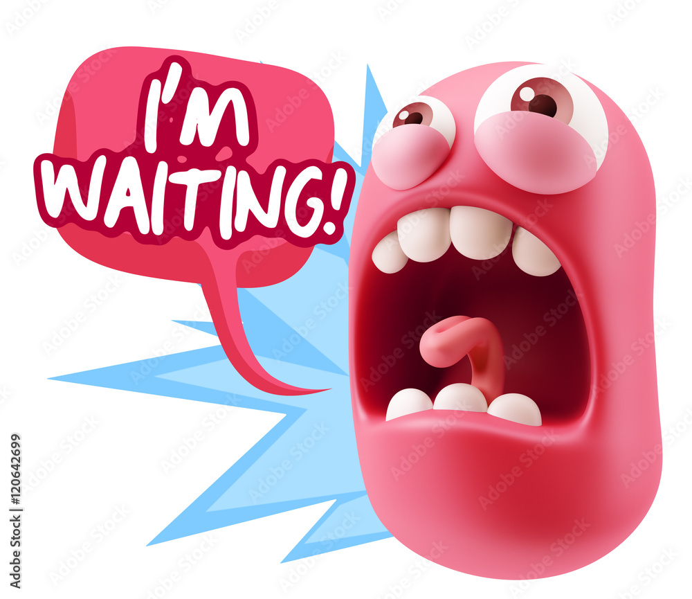 Poster 3d rendering angry character emoji saying i'm waiting with color
