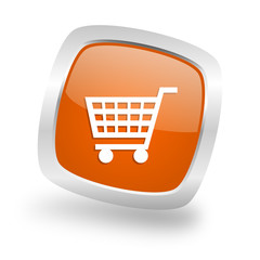 cart square orange glossy chrome silver metallic web icon