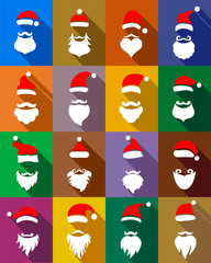 Christmas masks with beards set and hats for New Year Santa in flat style