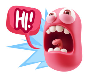 3d Rendering Angry Character Emoji saying Hi with Colorful Speec
