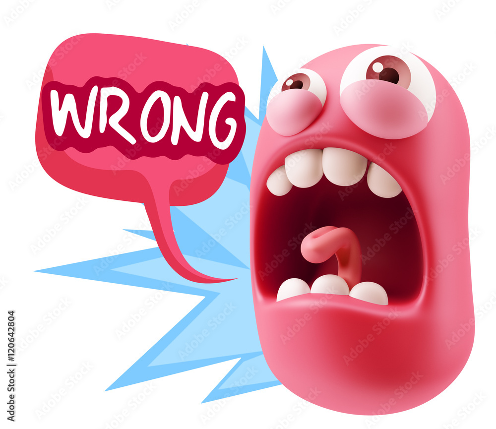 Poster 3d rendering angry character emoji saying wrong with colorful sp