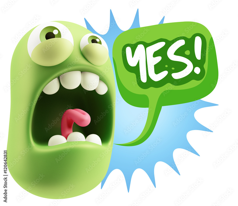 Poster 3d rendering angry character emoji saying yes with colorful spee