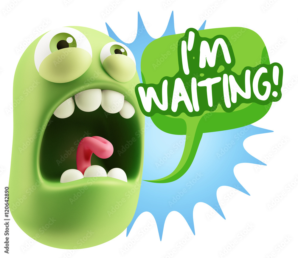 Poster 3d rendering angry character emoji saying i'm waiting with color