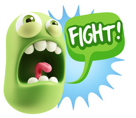 3d Rendering Angry Character Emoji saying Fight with Colorful Sp