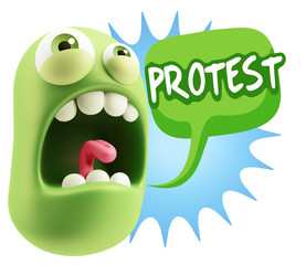3d Rendering Angry Character Emoji saying Protest with Colorful