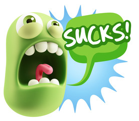 3d Rendering Angry Character Emoji saying Sucks with Colorful Sp