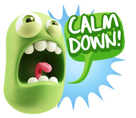 3d Rendering Angry Character Emoji saying Calm Down with Colorfu