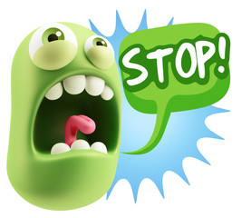 3d Rendering Angry Character Emoji saying Stop with Colorful Spe