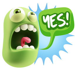 3d Rendering Angry Character Emoji saying Yes with Colorful Spee