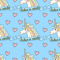 Funny pattern unicorn with heart on a blue background.