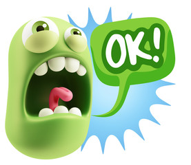 3d Rendering Angry Character Emoji saying OK with Colorful Speec