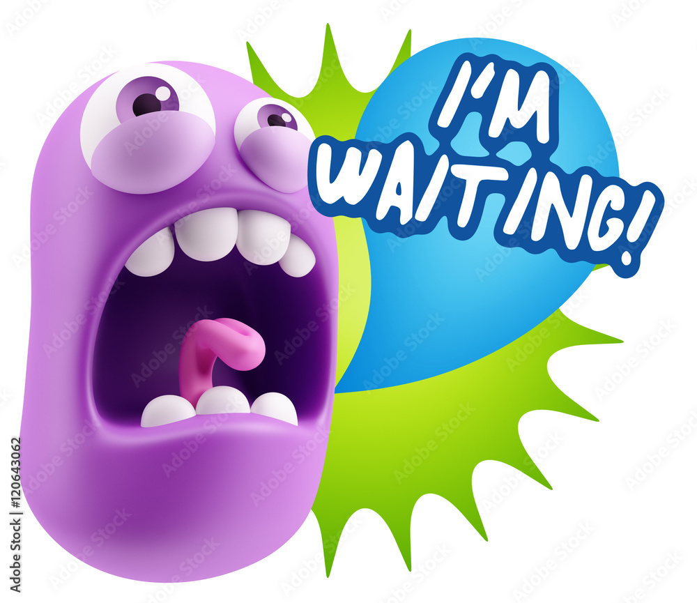 Poster 3d rendering angry character emoji saying i'm waiting with color