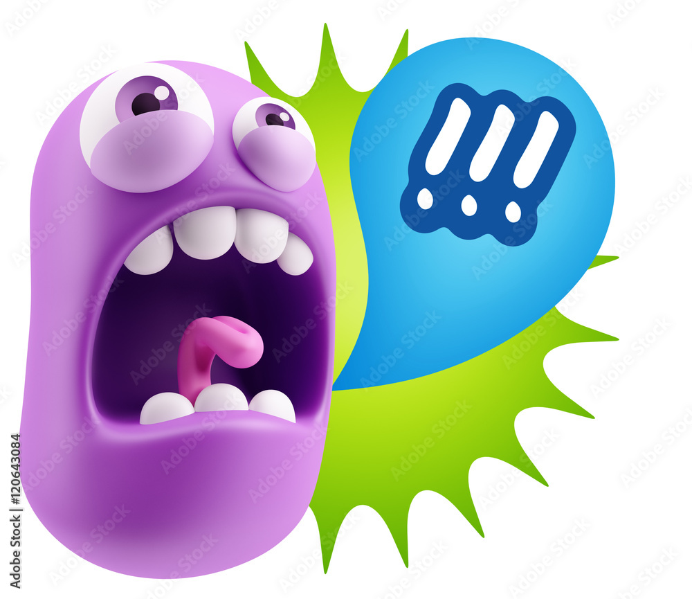 Poster 3d rendering angry character emoji saying !!! with colorful spee