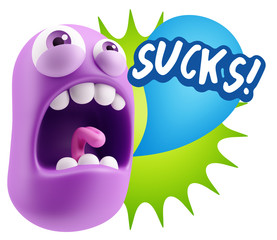 3d Rendering Angry Character Emoji saying Sucks with Colorful Sp