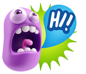 3d Rendering Angry Character Emoji saying Hi with Colorful Speec