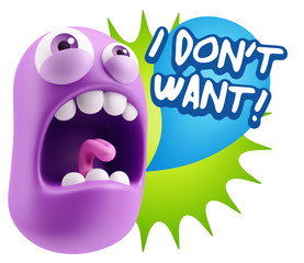 3d Rendering Angry Character Emoji saying I Don't Want with Colo