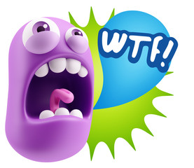3d Rendering Angry Character Emoji saying WTF with Colorful Spee