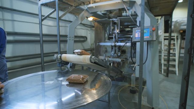 Food industry. bags of buckwheat groats on the conveyer to go dalnayshey packing and shipping to stores.