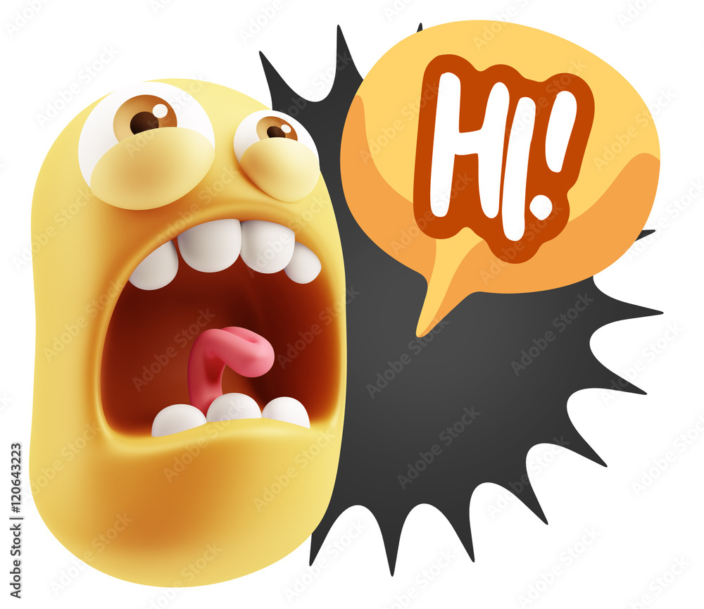 Poster 3d rendering angry character emoji saying hi with colorful speec