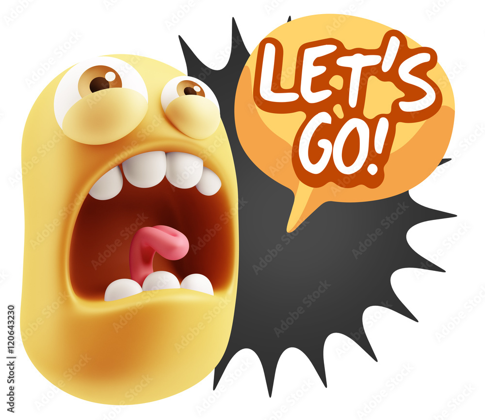 Poster 3d rendering angry character emoji saying let's go with colorful