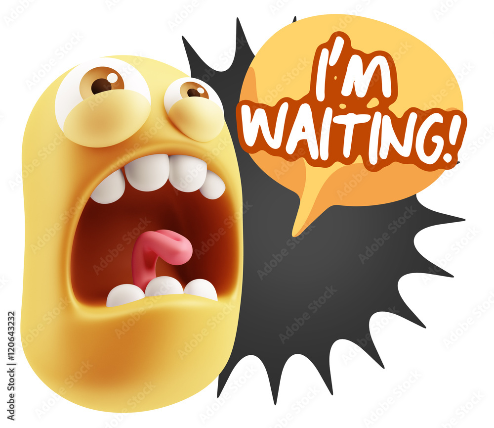 Poster 3d rendering angry character emoji saying i'm waiting with color