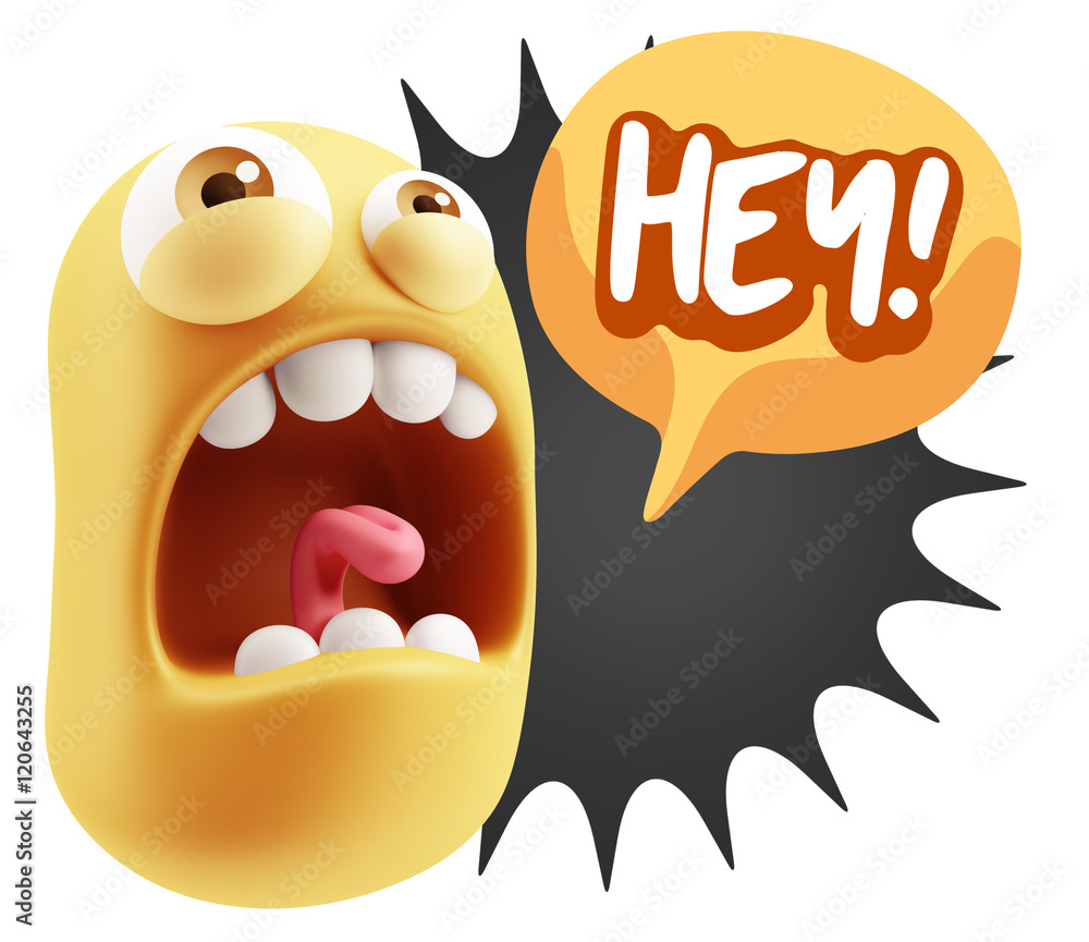 Poster 3d rendering angry character emoji saying hey with colorful spee