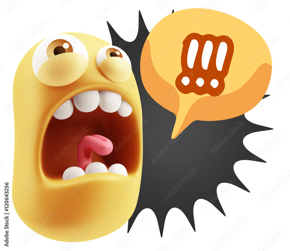 Poster 3d rendering angry character emoji saying !!! with colorful spee